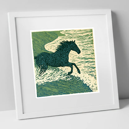 Wild Sea Canter beach horse art print in white frame