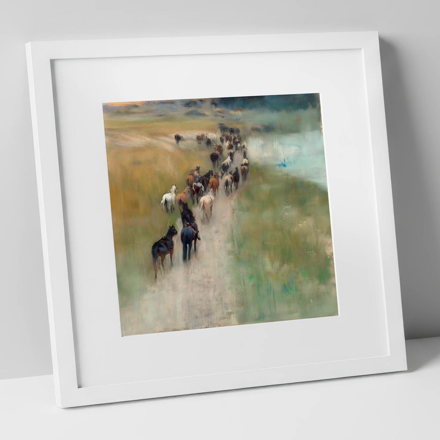 The Dusty Trail wild horses art print in white frame