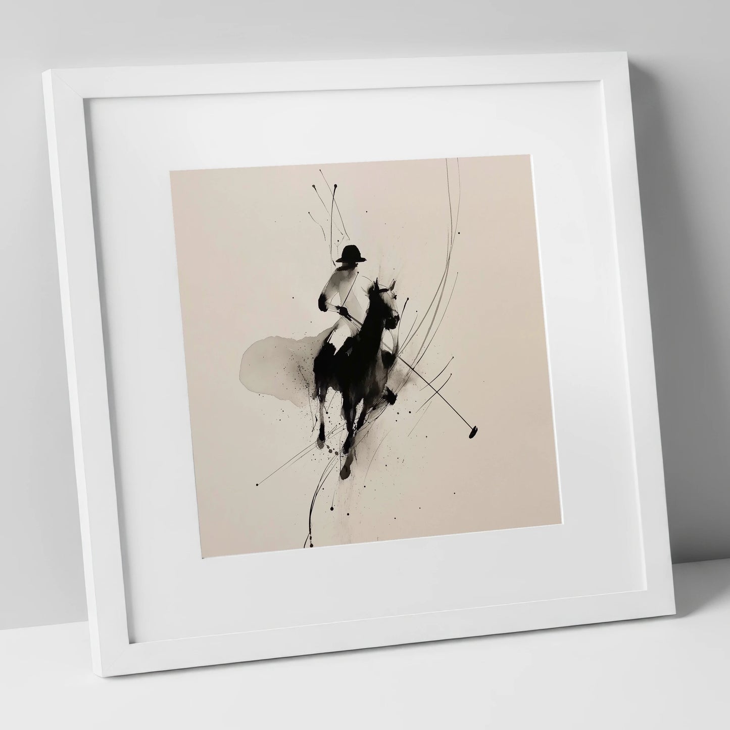 Poised for the Strike polo horse art print in white frame