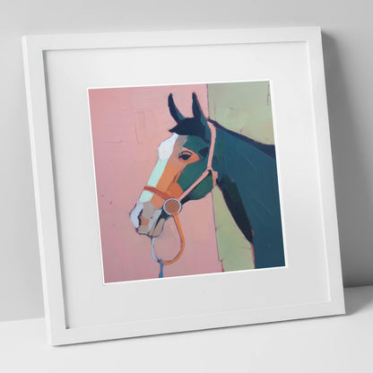 Modern Geometric Profile horse portrait art print in white frame