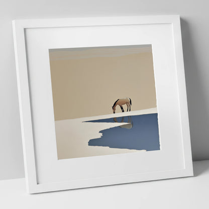 Solitary Reflection horse landscape art print in white frame