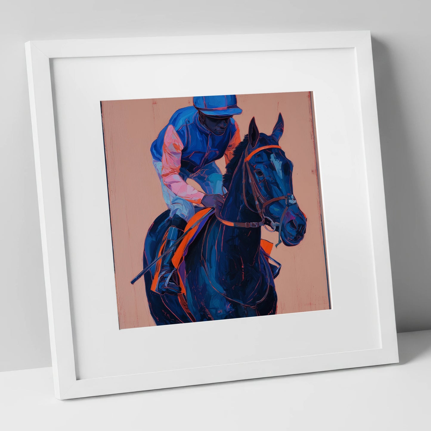 The Indigo Favourite racing horse art print in white frame