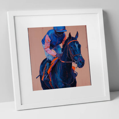 The Indigo Favourite racing horse art print in white frame