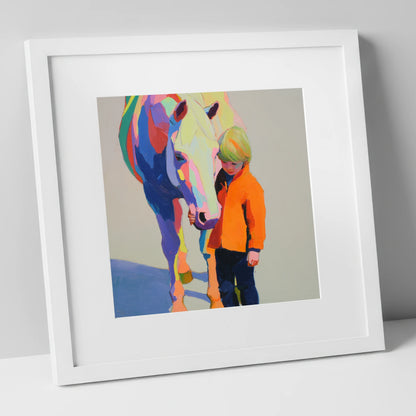 Radiant Bond horse & rider art print in white frame