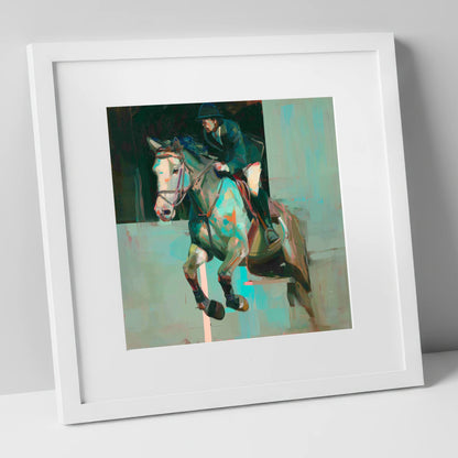 Suspended in Colour show jumping horse art print in white frame