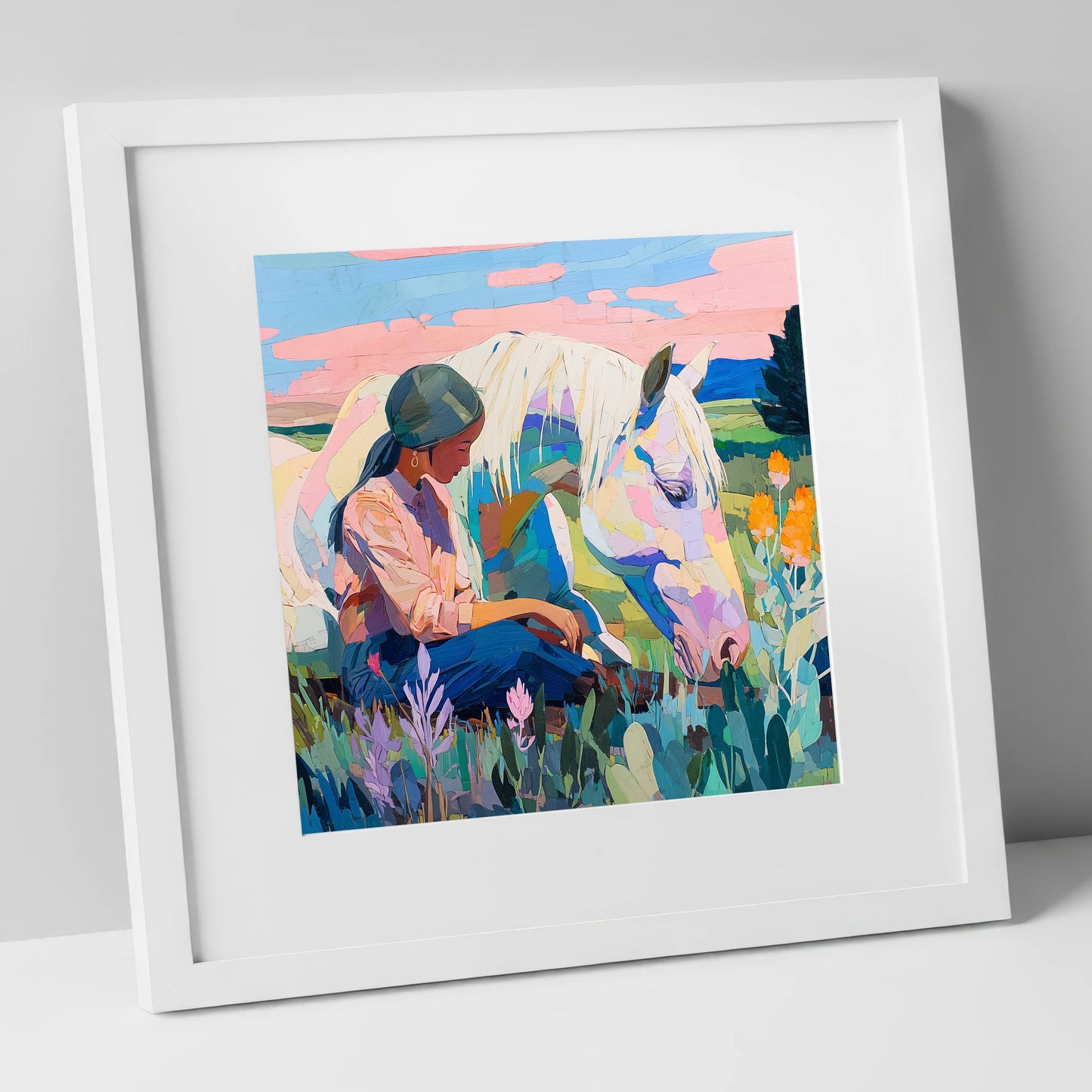 Quiet Summer Connection horse & rider art print in white frame