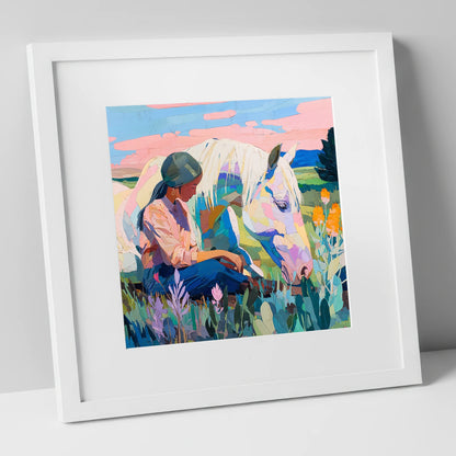 Quiet Summer Connection horse & rider art print in white frame