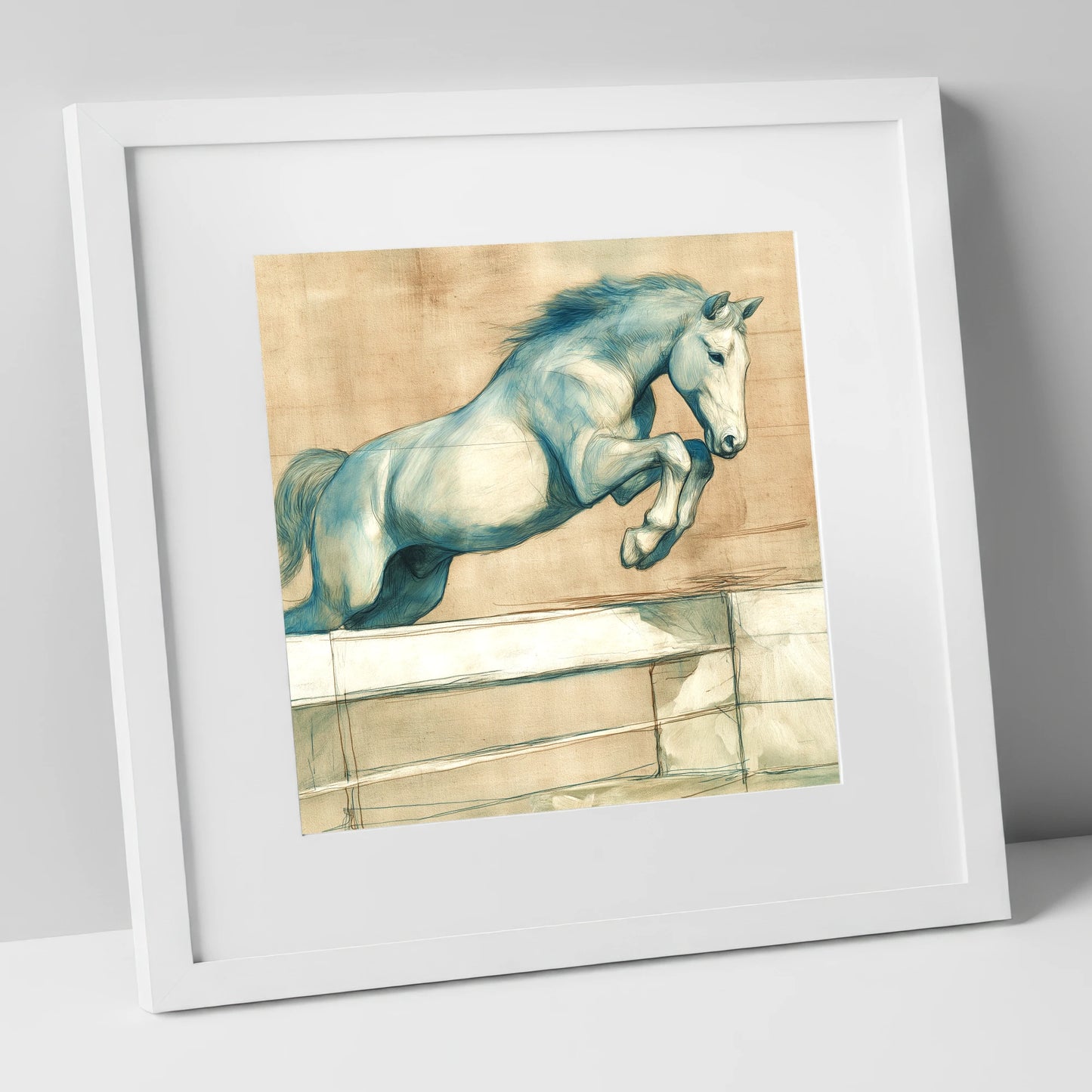 Airborne Grace show jumping horse art print in white frame