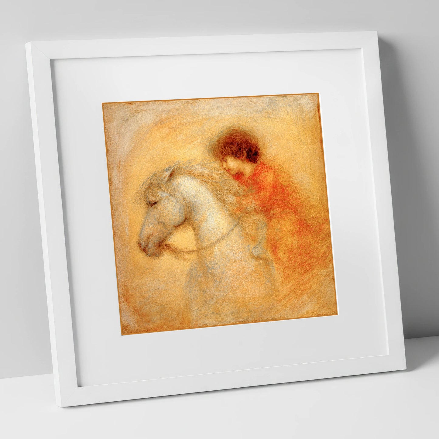 Golden Embrace horse & rider art print in white frame