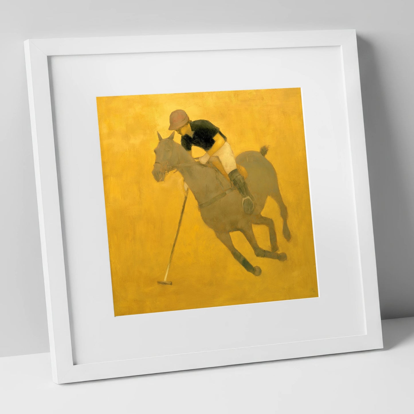 Golden Chukka polo horse art print in white frame