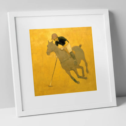 Golden Chukka polo horse art print in white frame