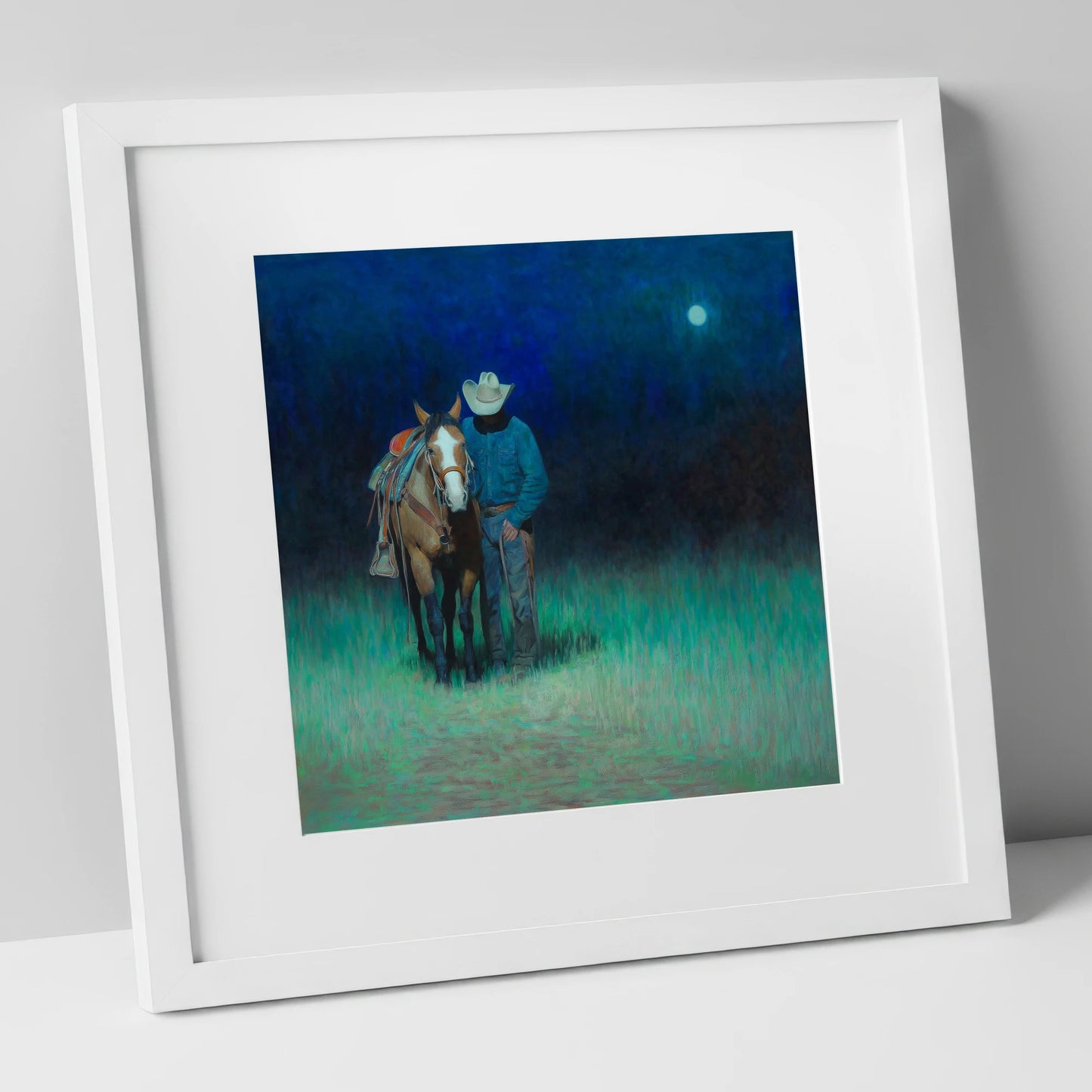 Under the Western Moon western horse art print in white frame