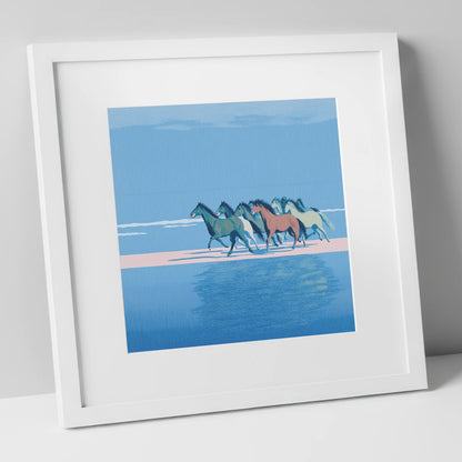 Coastal Canter wild horses art print in white frame