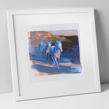 Cobalt Dawn Herd wild horses art print in white frame