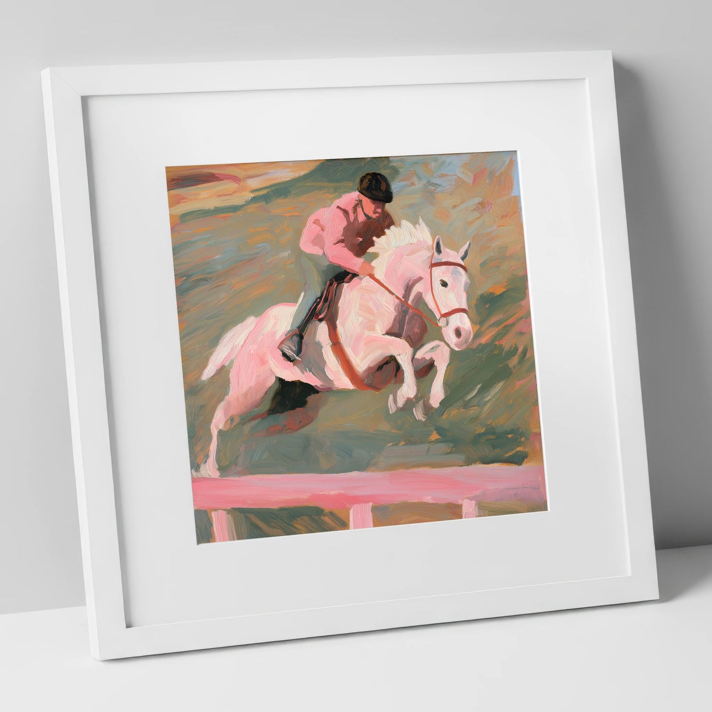 Airborne in Pastel show jumping horse art print in white frame