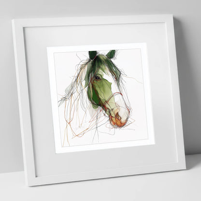 Verdant Equine Gaze horse breed art print in white frame
