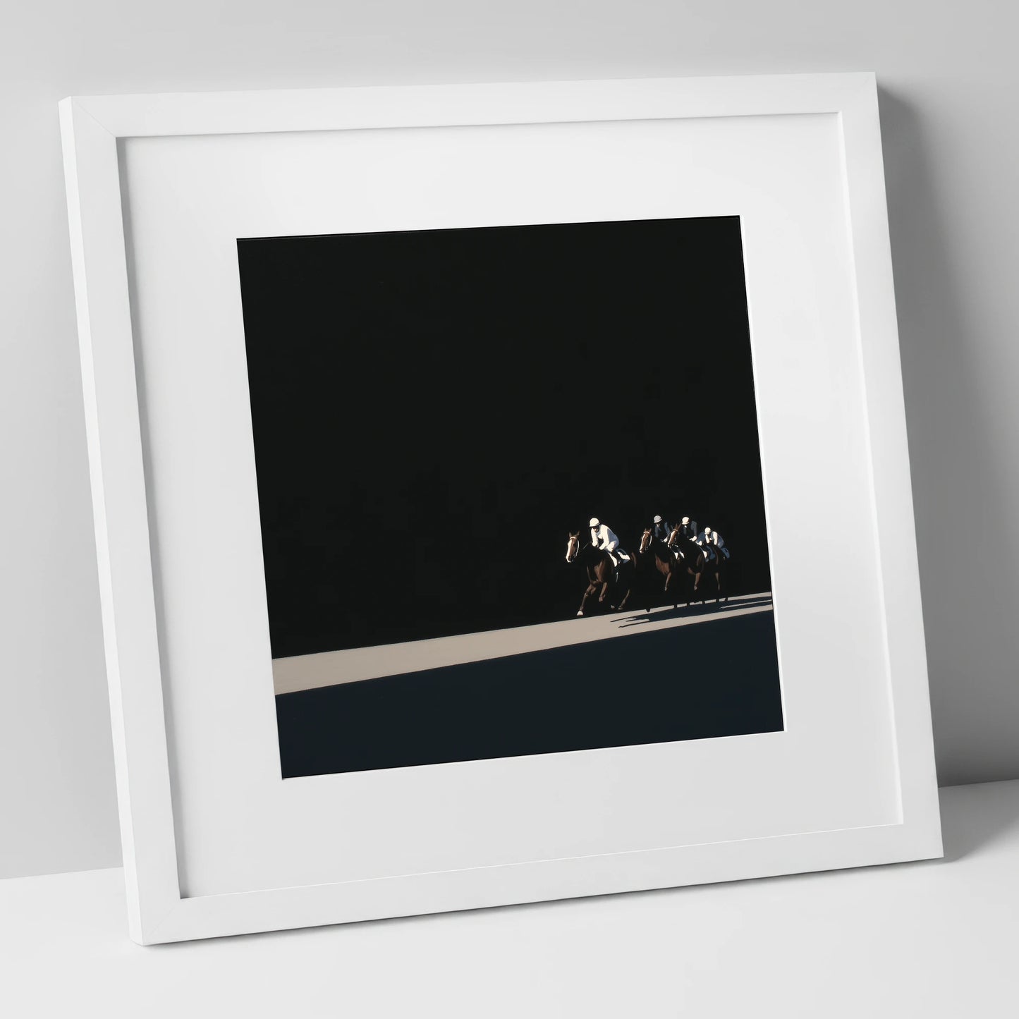 Speed in Shadows racing horse art print in white frame