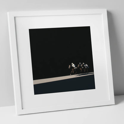 Speed in Shadows racing horse art print in white frame