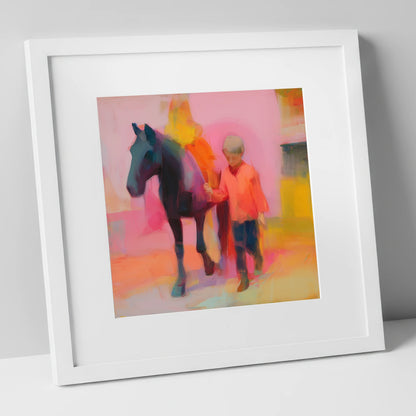 Radiant Companions horse & rider art print in white frame