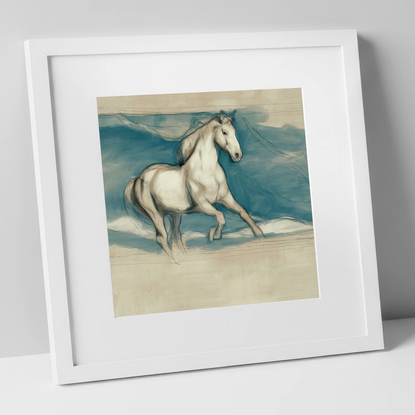 Ethereal Grey Canter horse portrait art print in white frame