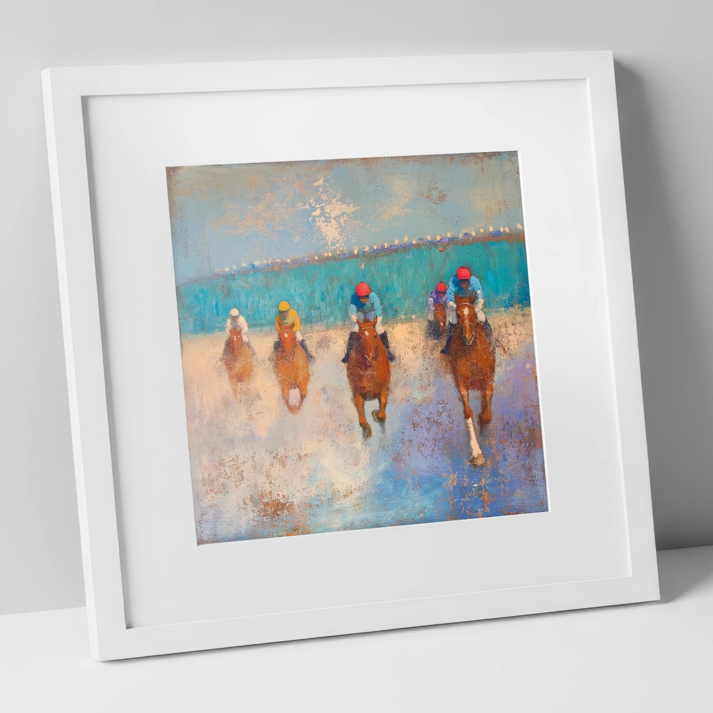 Towards the Wire racing horse art print in white frame