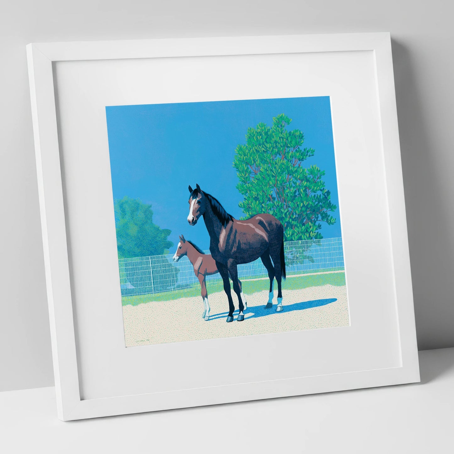 Summer Paddock Serenity mare & foal art print in white frame