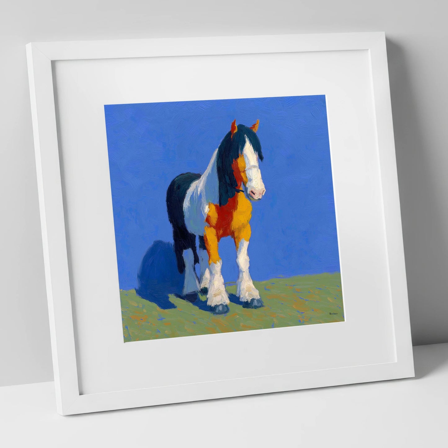 Sunlit Coloured Cob horse breed art print in white frame