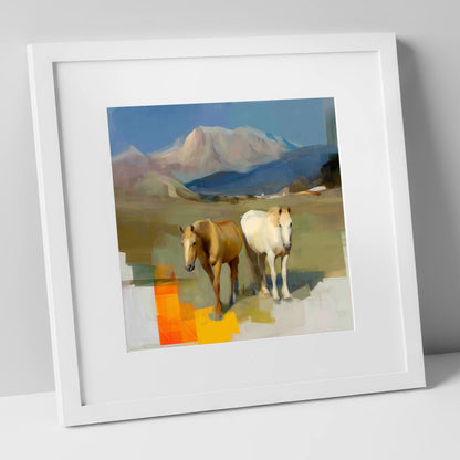 Abstract Alpine Companions horse landscape art print in white frame