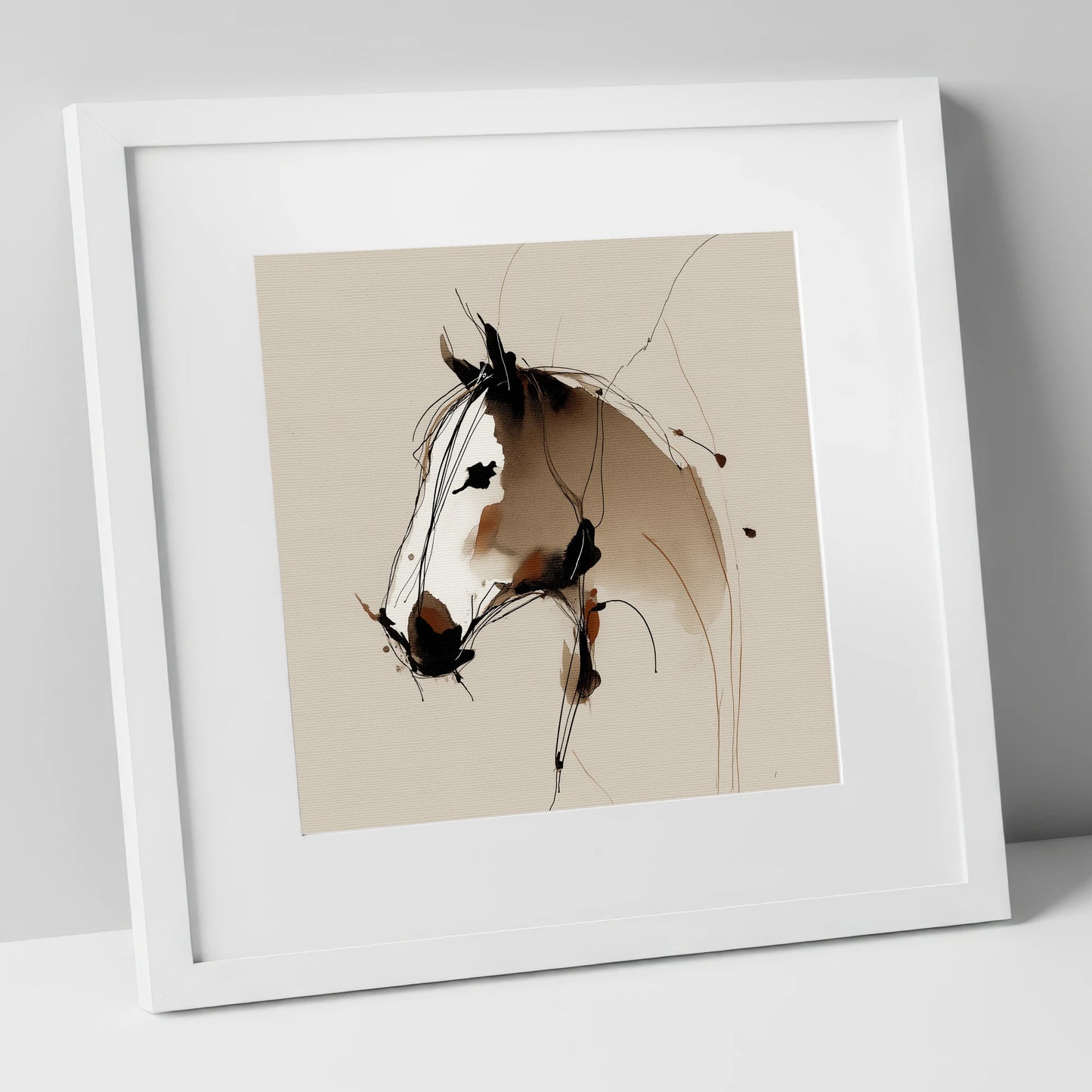 Sepia Equine Spirit horse portrait art print in white frame