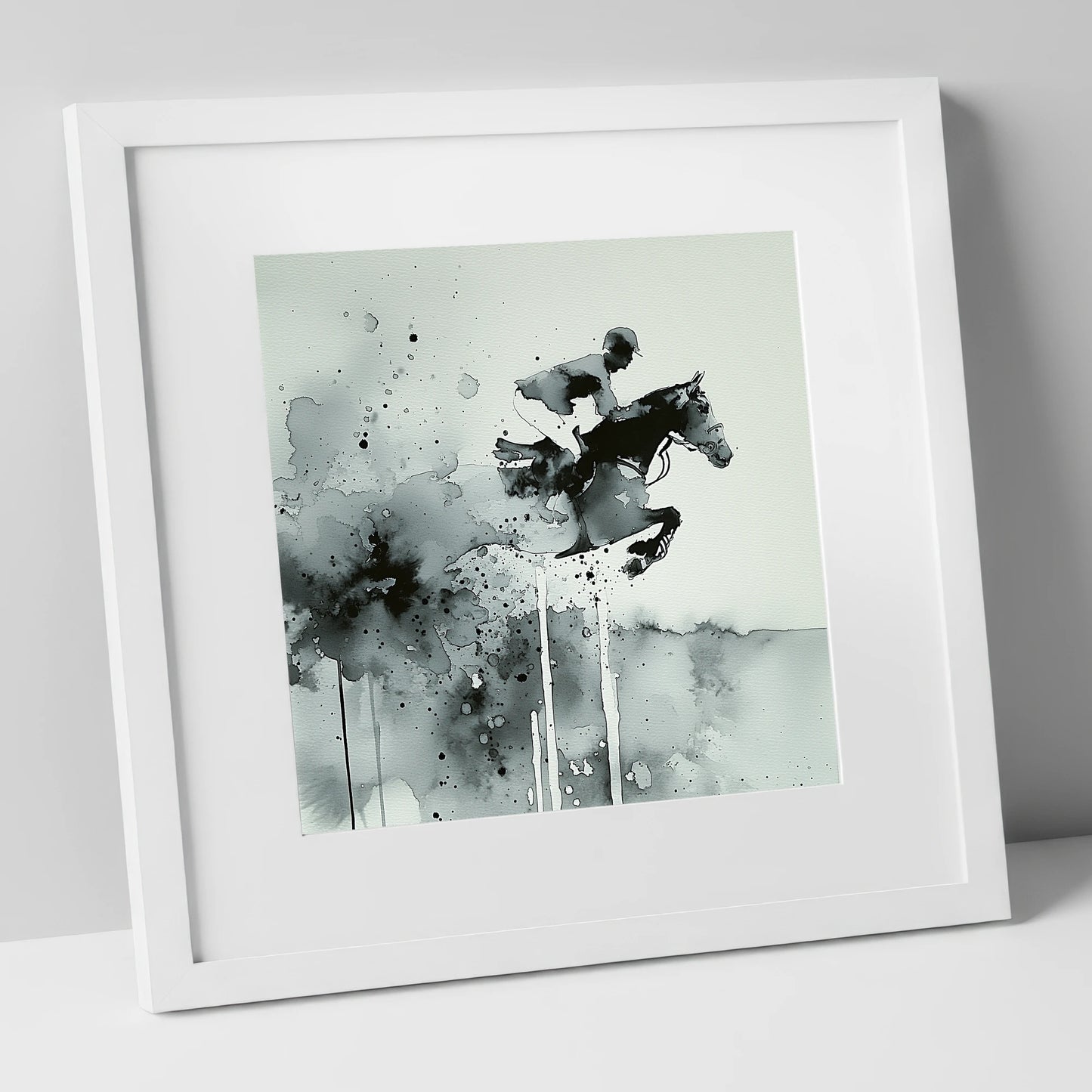 Airborne Shadows show jumping horse art print in white frame
