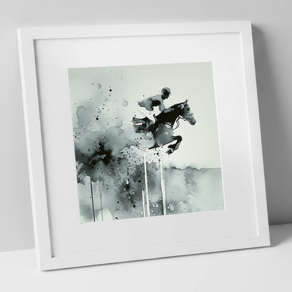 Airborne Shadows show jumping horse art print in white frame