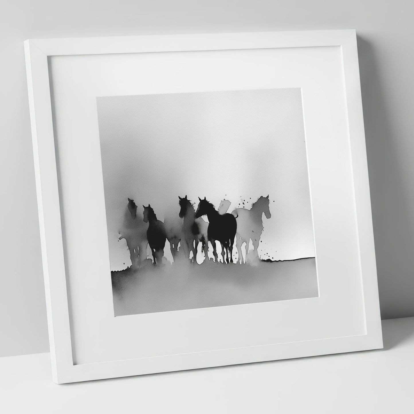 Ethereal Herd Silhouettes wild horses art print in white frame