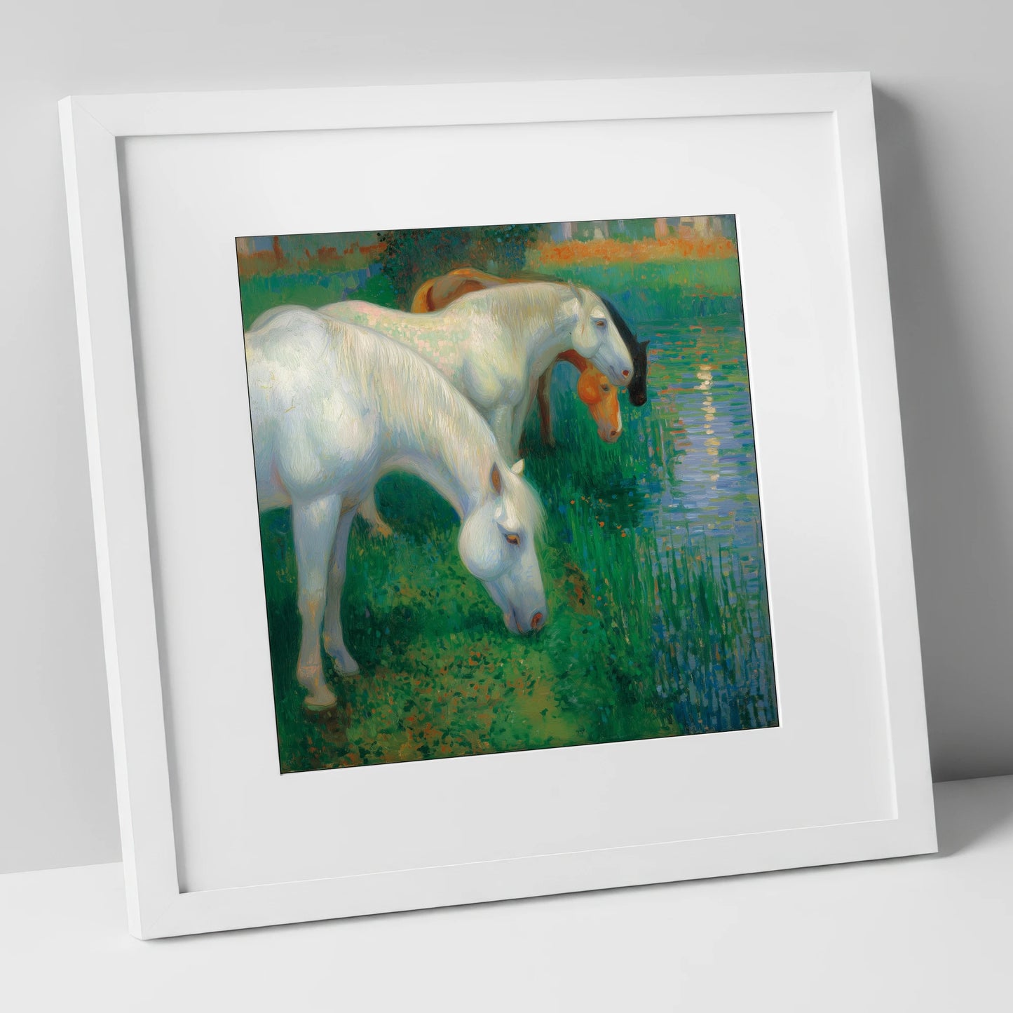 Luminous Riverside Grazing horse landscape art print in white frame