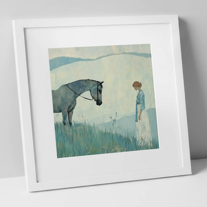 Gentle Regard horse & rider art print in white frame