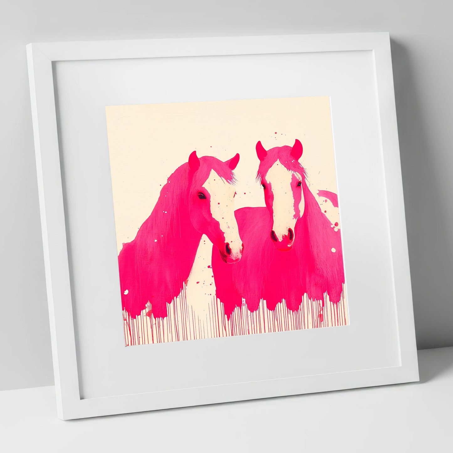 Vivid Magenta Pair horse landscape art print in white frame