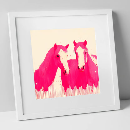 Vivid Magenta Pair horse landscape art print in white frame