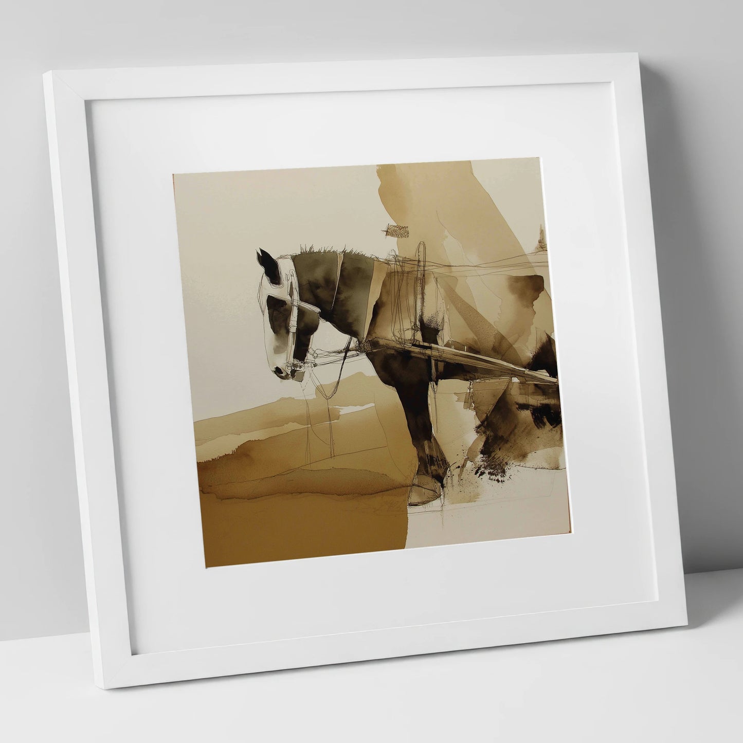 Sepia Heavy Horse Study working horse art print in white frame
