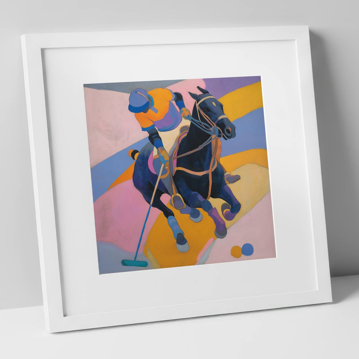 Vivid Polo Strike polo horse art print in white frame