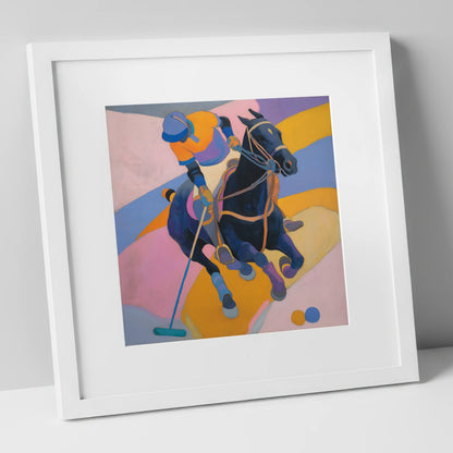 Vivid Polo Strike polo horse art print in white frame