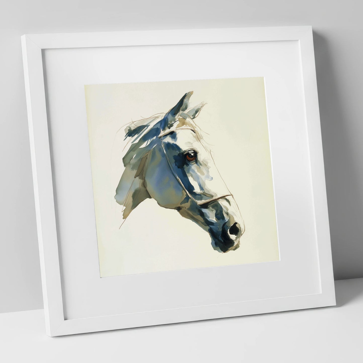 Sapphire Gaze in Indigo horse portrait art print in white frame