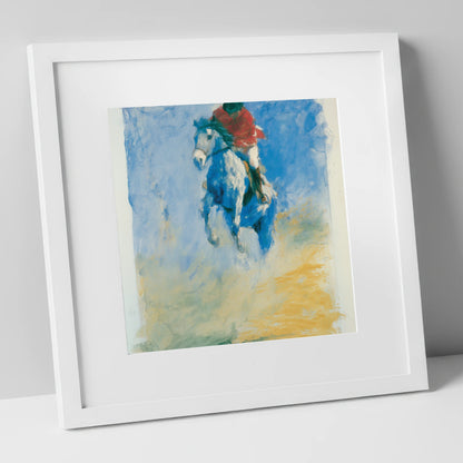 Cerulean Flight show jumping horse art print in white frame