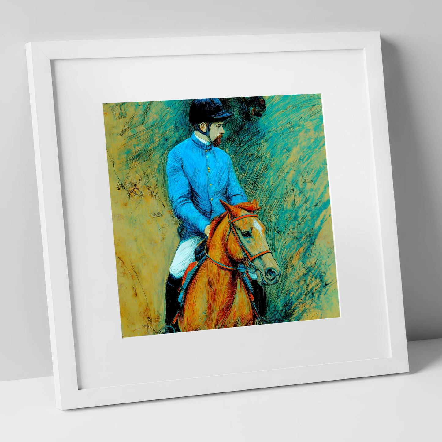 The Cerulean Jockey racing horse art print in white frame
