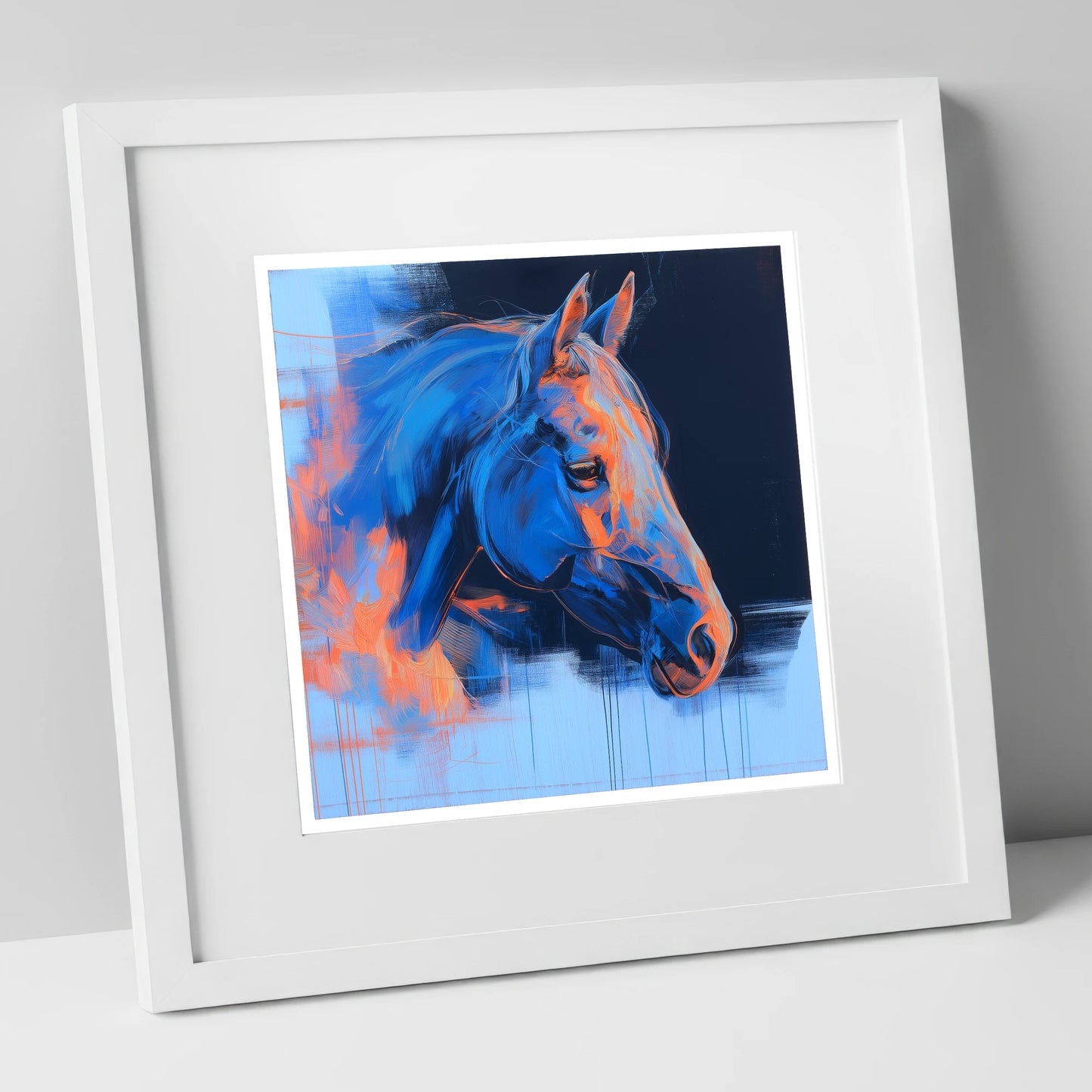 Expressive Cobalt Profile horse portrait art print in white frame