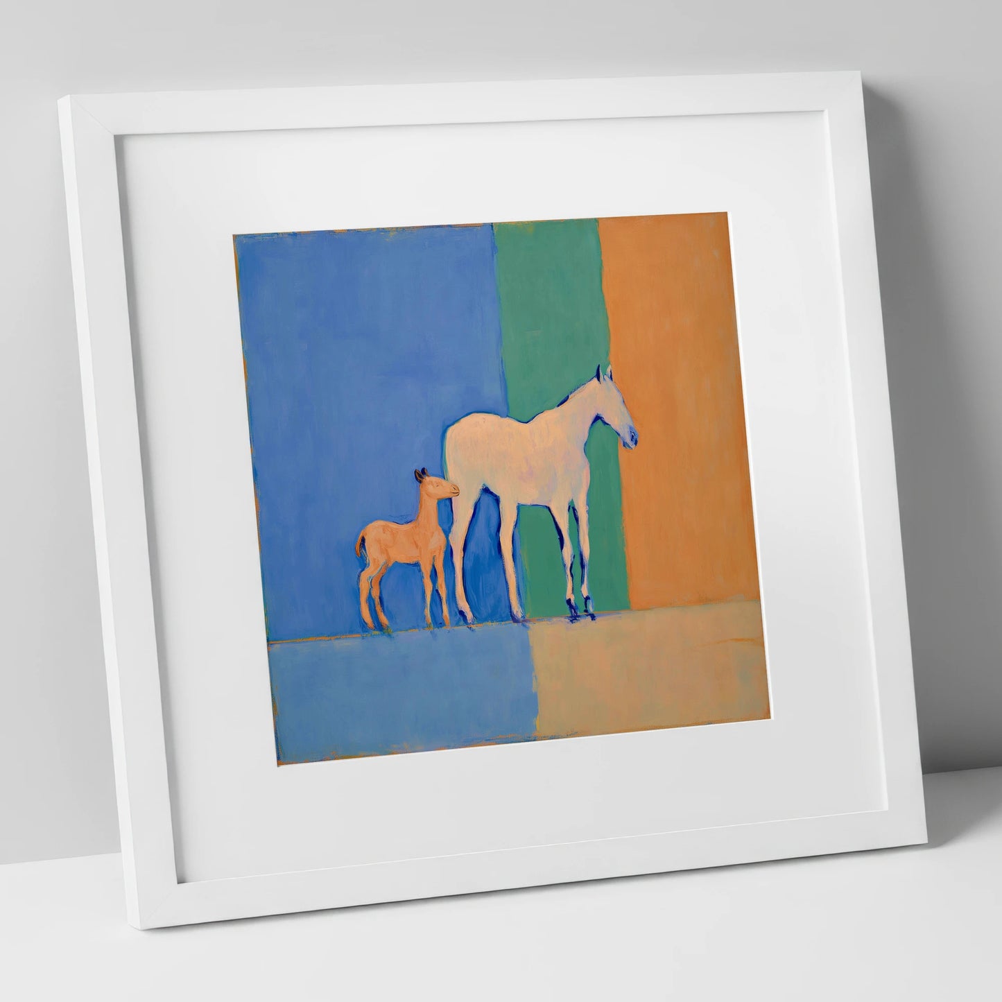 Cobalt and Terracotta Bond mare & foal art print in white frame