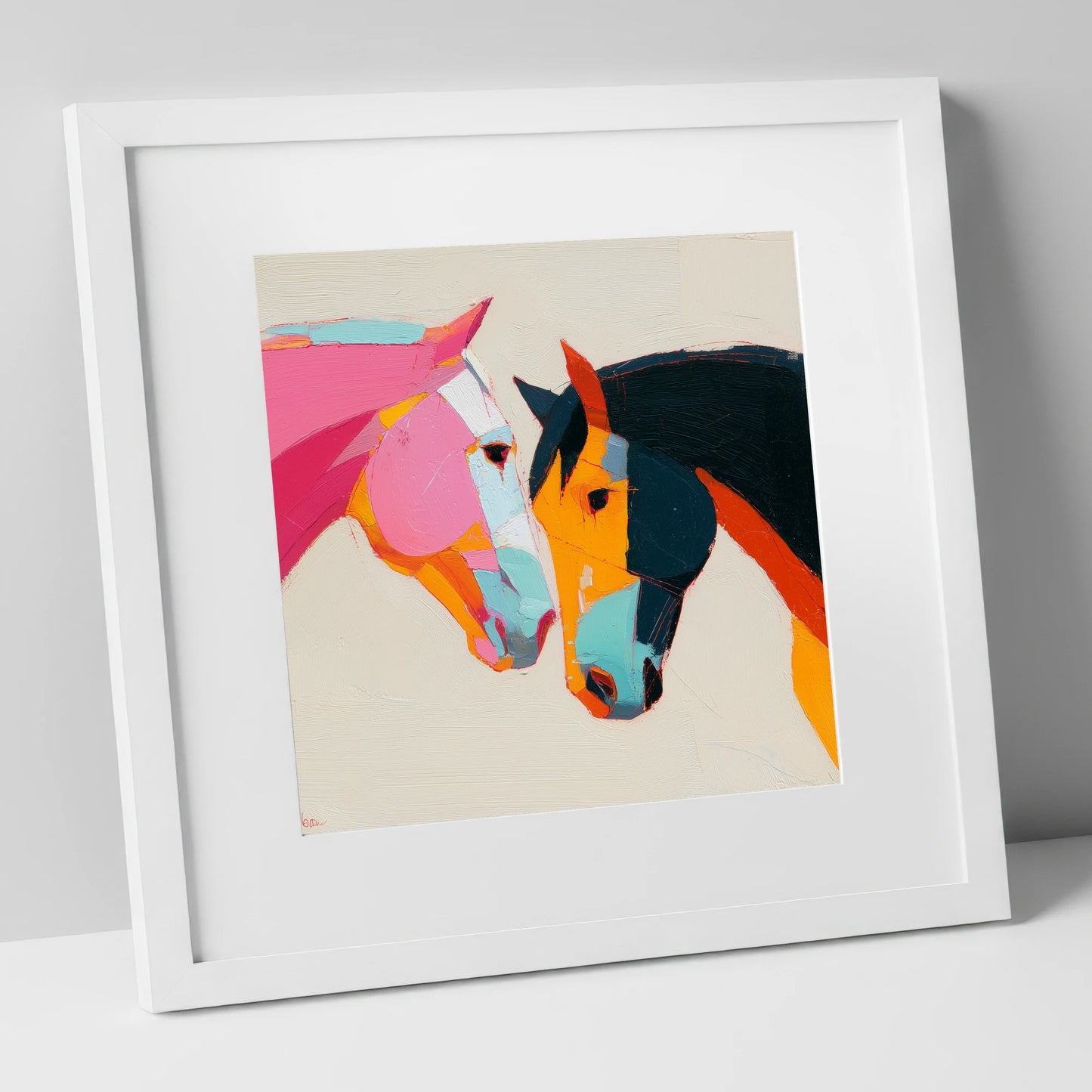 Vibrant Equine Bond horse portrait art print in white frame