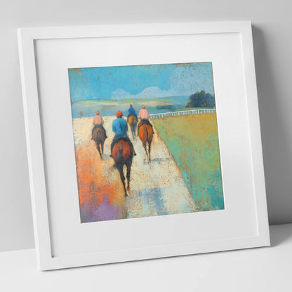 The Morning String racing horse art print in white frame