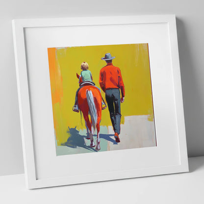 Leading the First Ride horse & rider art print in white frame