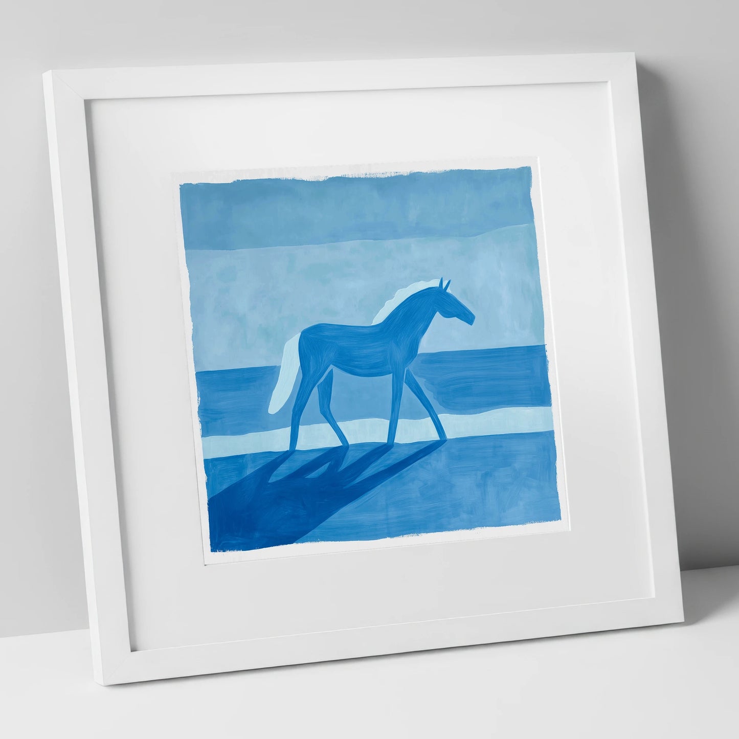 Cobalt Coastal Strides horse landscape art print in white frame