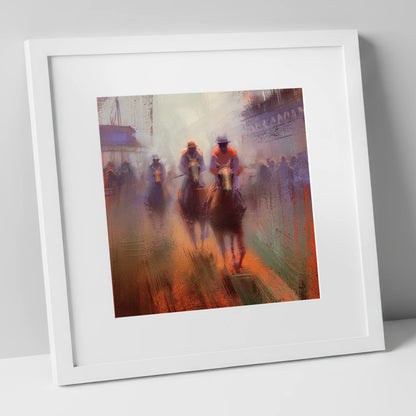Out of the Haze racing horse art print in white frame