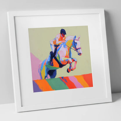 Technicolour Leap show jumping horse art print in white frame